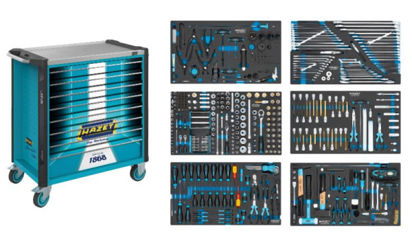 Hazet Werkstattwagen Assistent, 515-teilig, Schubladen, flach: 7× 81 x 696 x 398 mm, Schubladen, hoch: 1× 166 x 696 x 398 mm, 179NXL-8S1/515