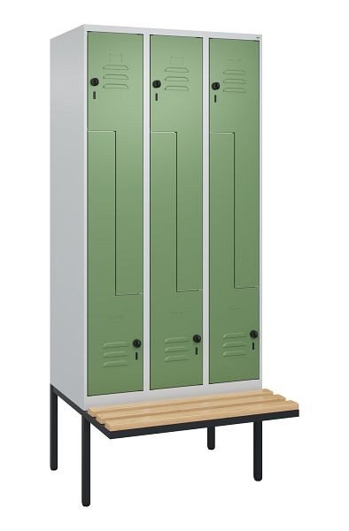 C+P Z-Spind Classic PLUS, Bank, 6 Abteile, 2120x900x815mm, 7035/6011, Drehriegel, Buche-Sitzleisten, 0800437-306 S10006