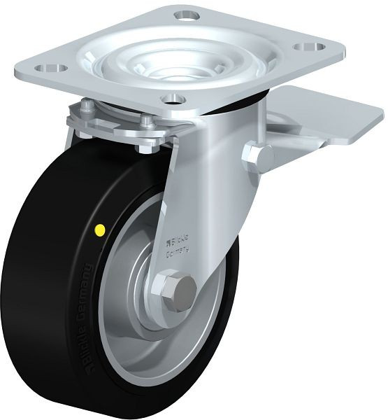 Blickle L-ALEV 100K-ST-EL Stahlblech-Lenkrolle, mittelschwere Ausführung, mit Anschraubplatte & Feststeller, Elastik-Vollgummi, Schwarz, 851979