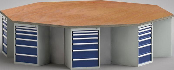 KLW PROFI-Werkbank in Achteckform (ERGO-Version) mit Buchen-Multiplexplatte in 8-Eck-Form 3259 x 3259 x 45 mm L x B x S, 3-teilig, WP670E-1350M45-E0001