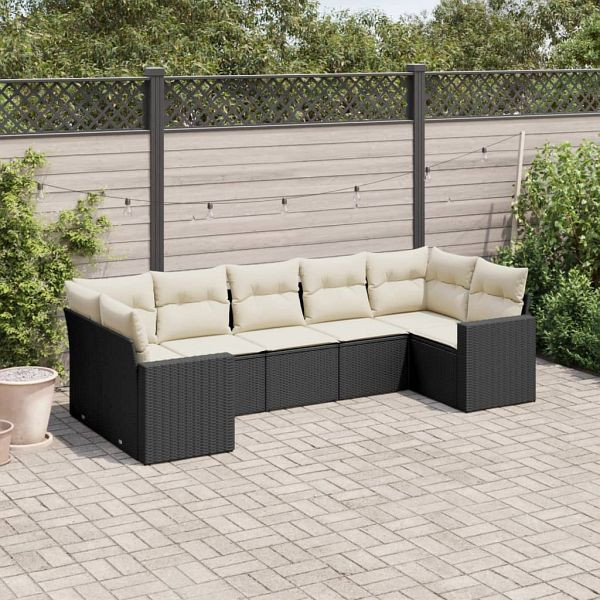 vidaXL 7-teilig Garten-Sofagarnitur mit Kissen Schwarz Poly Rattan, 3251723
