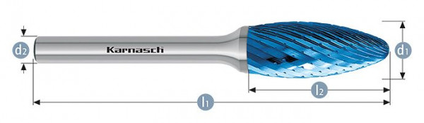 Karnasch Hartmetall-Frässtift Blue-Tec beschichtet Flamme/ HP-1 d1=6 / l2=14 / d2=6 / l1=50mm, VE: 2 Stück, 115077010
