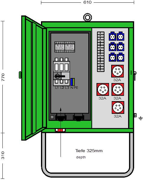 Elektra Tailfingen Verteilerschrank 44 kVA mit RCD Typ B und RCD Typ A, 4 CEE-Abgänge 16-32A und 6 Schutzkontakt-Steckdosen, V 63N/A/604-2, 183261