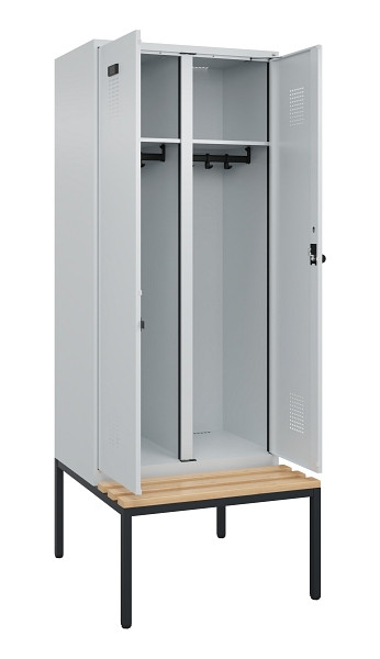 C+P Schwarz-Weiß-Spind Evolo PLUS, Bank, 2 Abteile, 2120x800x815mm, 7035/7035, Drehriegel, Sitzfläche Buche-Hartholz, Sitzbank, 0490527-22 S10013