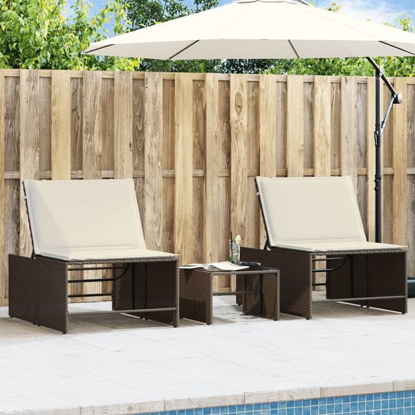vidaXL Sonnenliegen 2 Stück mit Tisch Braun Poly Rattan, 368423