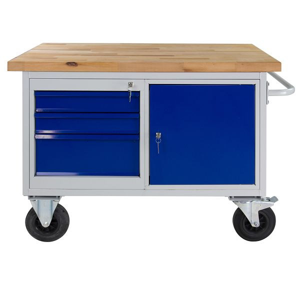 ADB Tischwagen/ Werkbank 3 Schubladen + 1Tür, 840x1300x600 mm, Farbe Tischwagen: Lichtgrau, RAL 7035, Farbe Tür/Schubladen: Lichtblau (RAL 5012), 42740