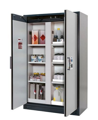 asecos Feuerbeständiger Gefahrstoffschrank Select, mit Mittelwand, Einlege- und Wannenböden, grau, 266823