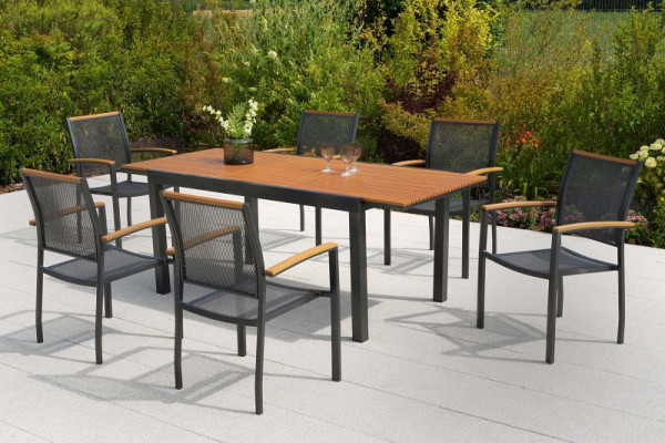 Merxx Itanos Set 7-teilig, 6 Itanos Stapelsessel, 1 Ausziehtisch 150 (200) x 90 cm, Tischplatte aus Kunststoff in Holzoptik, 50484-217