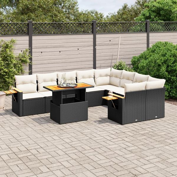 vidaXL 10-tlg. Garten-Sofagarnitur mit Kissen Schwarz Poly Rattan, 3273674