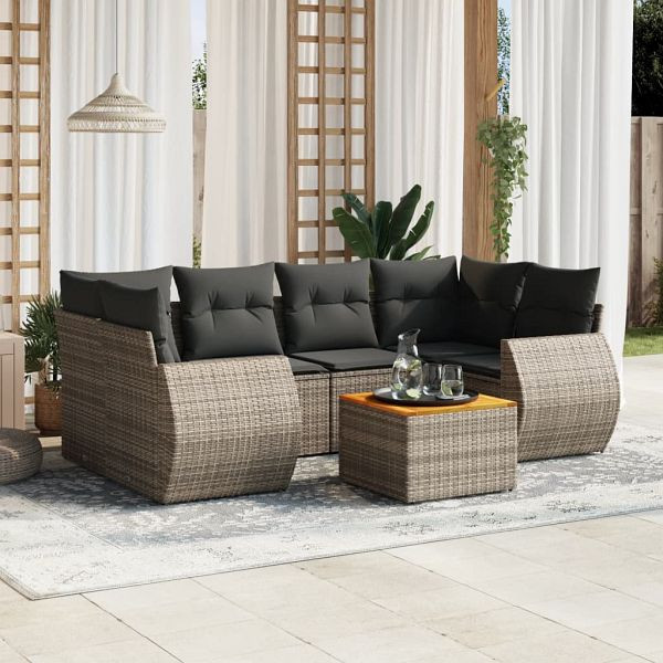 vidaXL 7-teilig Garten-Sofagarnitur mit Kissen Grau Poly Rattan, 3257236