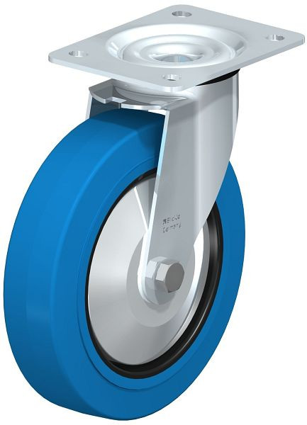 Blickle LE-POEV 200XR-SB-FA Stahlblech-Lenkrolle mit Anschraubplatte, Elastik-Vollgummi, Blau, 850284