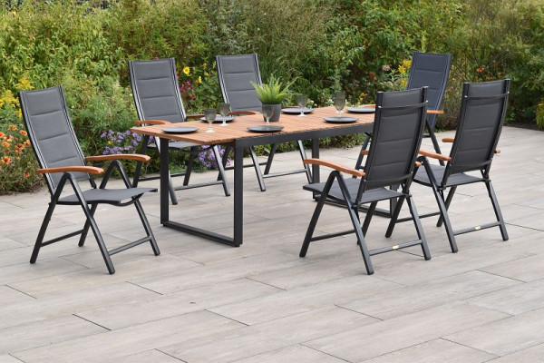 Merxx Paxos Set 7-teilig, 6 Klappsessel, gepolstert, graphit/grau, 1 Ausziehtisch 150 (200) x 90 cm, Tischplatte aus Akazienholz, 50997-307