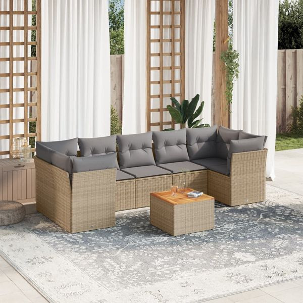 vidaXL 8-tlg. Garten-Sofagarnitur mit Kissen Beige Poly Rattan, 3223511
