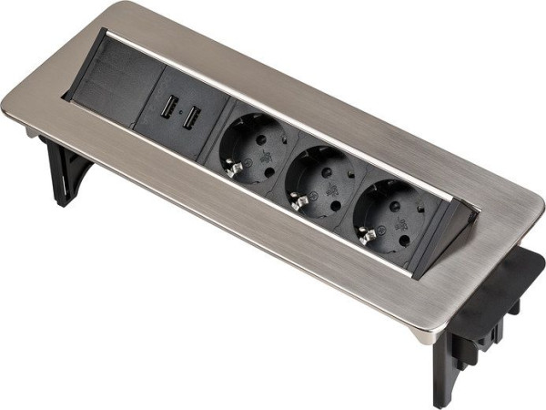 Brennenstuhl Indesk Power USB-Charger Tischsteckdosenleiste / Versenkbare Steckdose 3-fach (2 USB Ladebuchsen, 2m Kabel) silber/schwarz, 1396200113
