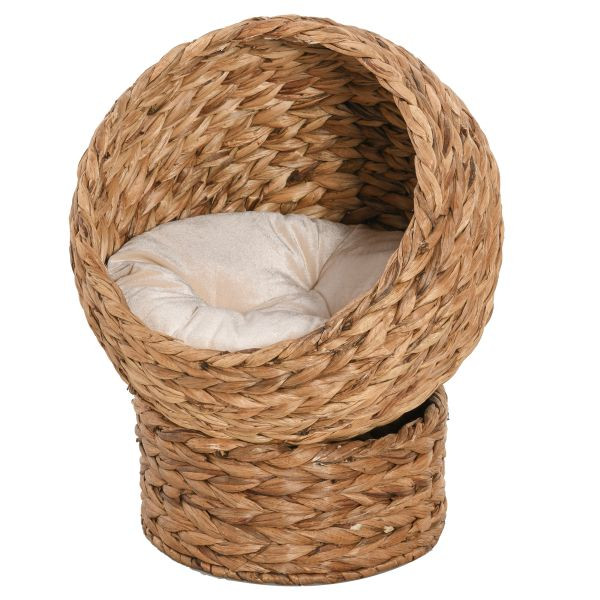 PawHut Rattan Katzenkorb Katzenhöhle Katzenbett mit Kissen Hellbraun, D30-105