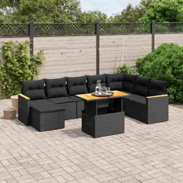 vidaXL 9-tlg. Garten-Sofagarnitur mit Kissen Schwarz Poly Rattan, UV-beständig, 3273211