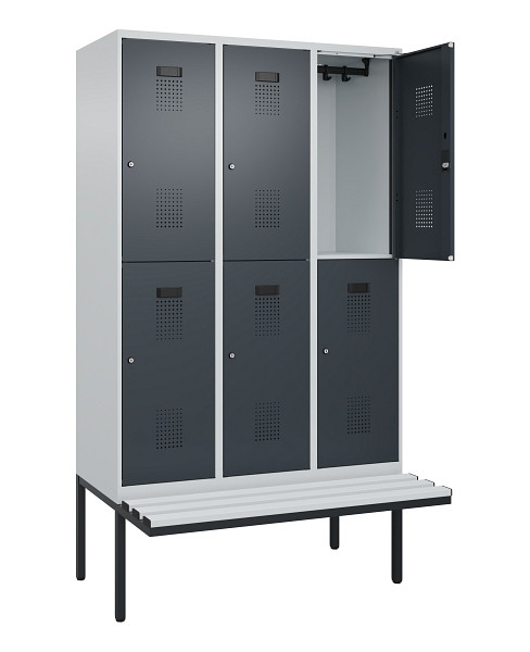 C+P Doppelstock-Spind Evolo PLUS, Bank, 6 Fächer, 2120x1200x815mm, 7035/7016, Zylinderschloss, Sitzfläche Kunststoff, 0493407-32 S10120