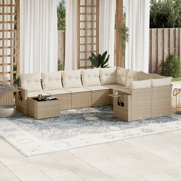 vidaXL 10-teilig Garten-Sofagarnitur mit Kissen Beige Poly Rattan, 3220657