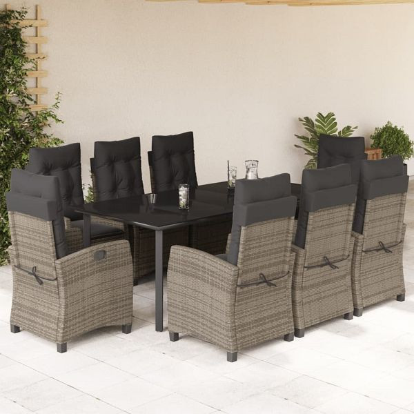vidaXL 9-teilig Garten-Essgruppe mit Kissen Grau Poly Rattan, 3212800