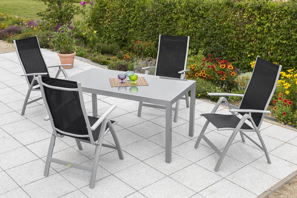Merxx Carrara Set 4-teilig, 4 Klappsessel, Rückenlehne 5-fach verstellbar, 1 Tisch 150 x 90 cm, graue Glasplatte, silber/schwarz, 50317-219