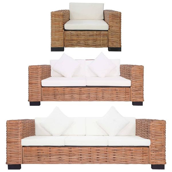 vidaXL 3-teilig Sofagarnitur mit Auflagen Natur Rattan, 278624