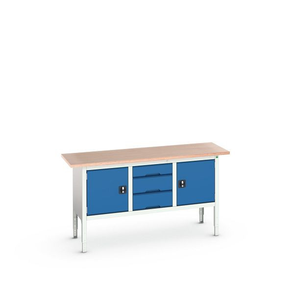 bott verso Kastenwerkbank (Multiplex-Platte) mit 3 Schubladen und 2 Türen, BxTxH: 1750 x 600 x 830 - 930 mm, Lichtgrau / Enzianblau, 16923022.11