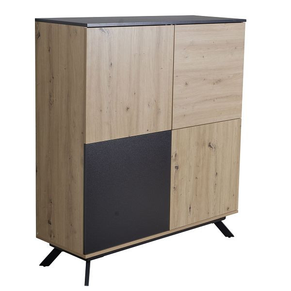 Wohnling Highboard 110x125x40 cm MDF Sideboard in Eiche-Dekor/Schwarz, Kommode mit 4 Türen, Kommodenschrank Flurschrank Modern, WL6.661