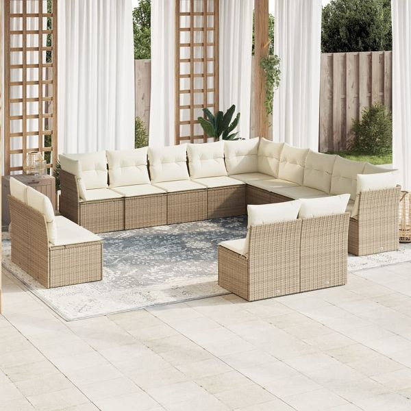 vidaXL 13-teilig Garten-Sofagarnitur mit Kissen Beige Poly Rattan, 3250327