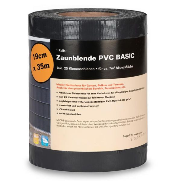 NOOR Sichtschutzstreifen PVC Zaunblende 0,19 x 35m Basic 450 g/m² inklusive 25 Klemmschienen Farbe: anthrazitgrau (RAL 7016), 15512-BASIC-1