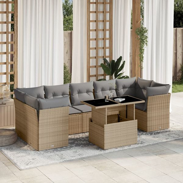 vidaXL 8-teilig Garten-Sofagarnitur mit Kissen Beige Poly Rattan, 3266399