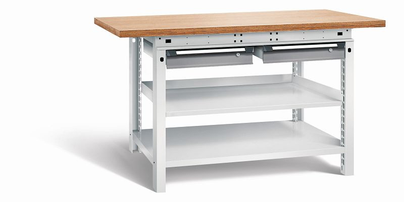 Otto Kind Werkbank Serie function Typ 209, Multiplexplatte 40 mm, überstehend, 2 Schubladen 120 mm, Gehäuse RAL 7035, Front RAL 7037, 072339267