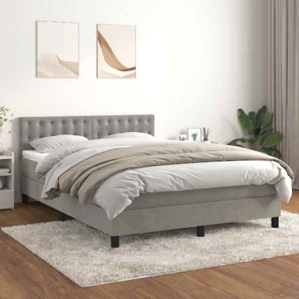 vidaXL Boxspringbett mit Matratze Hellgrau 140x200 cm Samt, 3141545