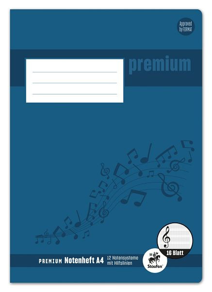 Staufen Notenheft PREMIUM Academy - A4 hoch, 90 g/qm, 8 Blatt, 6 Notensysteme mit Hilfslinien, 734017515