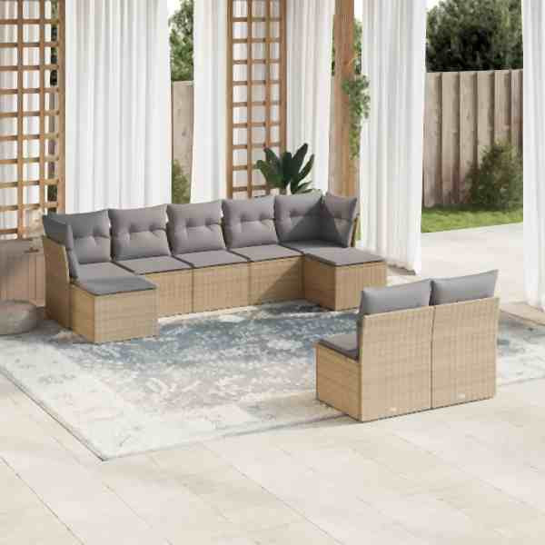 vidaXL 9-tlg. Garten-Sofagarnitur mit Kissen Beige Poly Rattan, UV-beständig, 3218269