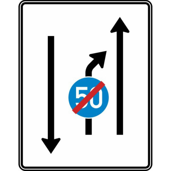 Stein HGS Einengungstafel mit Gegenverkehr, Einzug rechts, 1 Fahrstreifen in Gegenrichtung, Ende der Mindestgeschwindigkeit- Nr. 536-20, RA2/Alform, ohne Entfernungsangabe, 1600x1250mm, 536-20-122