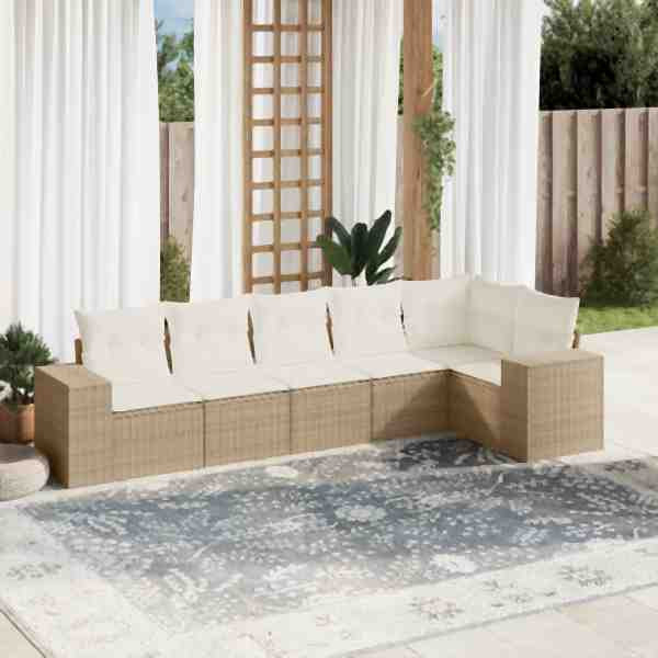 vidaXL 6-tlg. Garten-Sofagarnitur mit Kissen Beige Poly Rattan, UV-beständig, 3222587