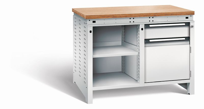 Otto Kind Werkbank Serie function Typ 211, Multiplexplatte 40 mm, bündig, 2x Unterbau, komplett RAL 7035, 072341117