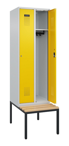 C+P Spind Evolo PLUS, 2 Abteil, 2120x600x815mm, 7035/1023, Zylinderschloss, Sitzfläche Buche-Hartholz, Sitzbank, 0490507-20 S10028