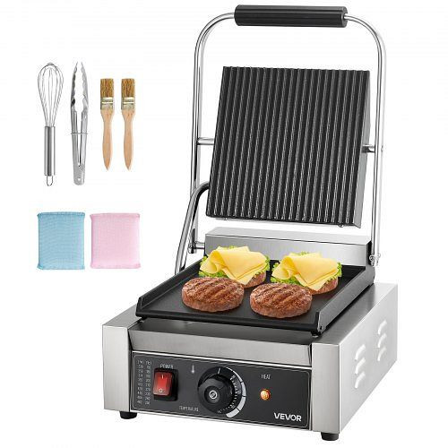 VEVOR Kommerzieller 1800W Panini Presse Edelstahl, Temperaturregelung, 22x23 cm Emailleplatte, für Hamburger, Steak, Speck, DYYBDBL3200WHO525002V2
