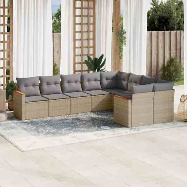 vidaXL 9-tlg. Garten-Sofagarnitur mit Kissen Beige Poly Rattan, UV-beständig, 3258706
