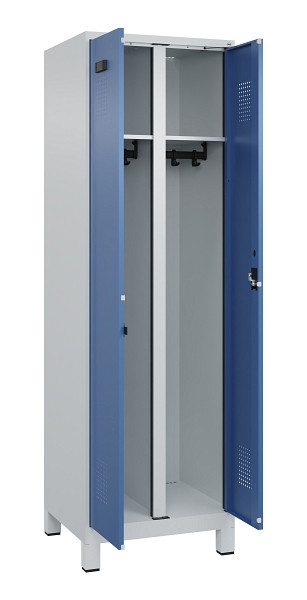 C+P Schwarz-Weiß-Spind Evolo PLUS, mit Füßen, 2 Abteile, 1950x600x500mm, 7035/5, Frontfarbe RAL 5023 Fernblau, Zylinderschloss, 049012-20 S10035