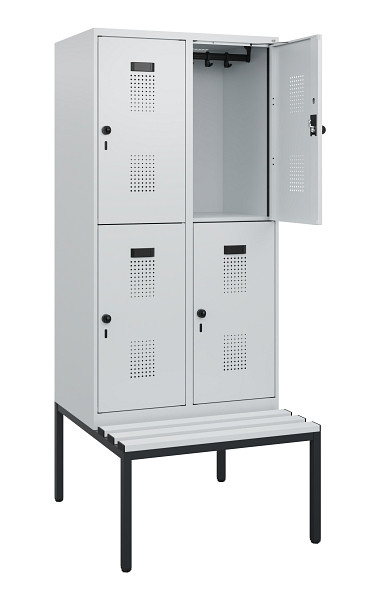 C+P Doppelstöckiger Spind Evolo PLUS, Bank, 4 Fächer, 1950x800x815mm, 7035/7035, Drehriegel, Sitzfläche Kunststoff, Sitzbank, 0493505-22 S10106