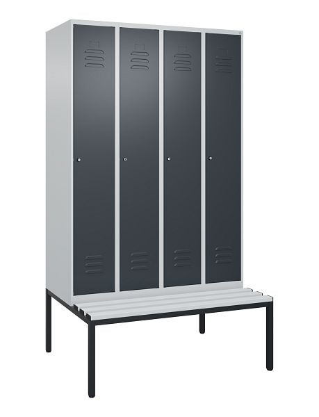 C+P Umkleidespind Classic PLUS, mit untergebauter Sitzbank, 4 Abteile, 2120x1200x815mm, 7035/7016, Zylinderschlösser, 0800507-40 S10023