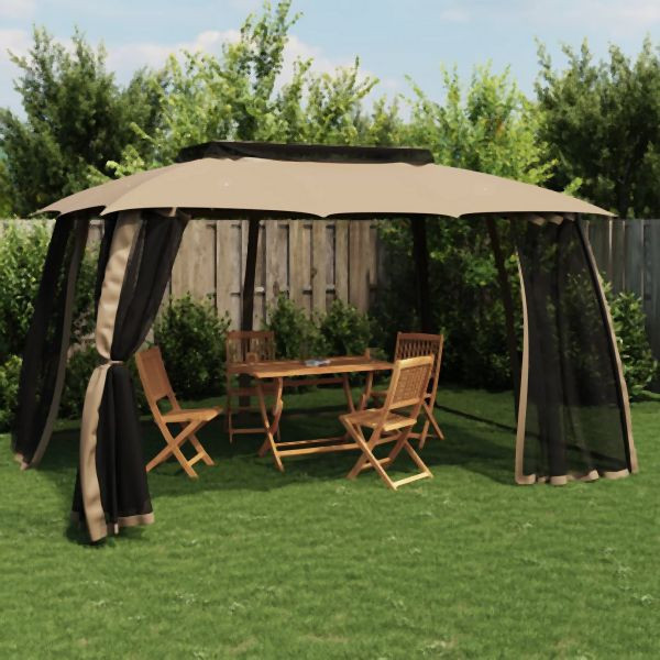 vidaXL Pavillon mit Doppeldach & Netzwänden Taupe 3,93x2,93 m Stahl, 368453