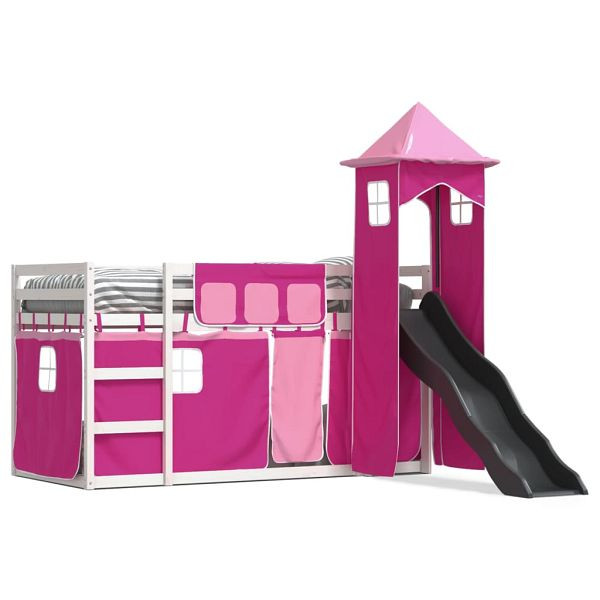 vidaXL Etagenbett mit Rutsche und Gardinen Rosa 90x200 cm, 3284193