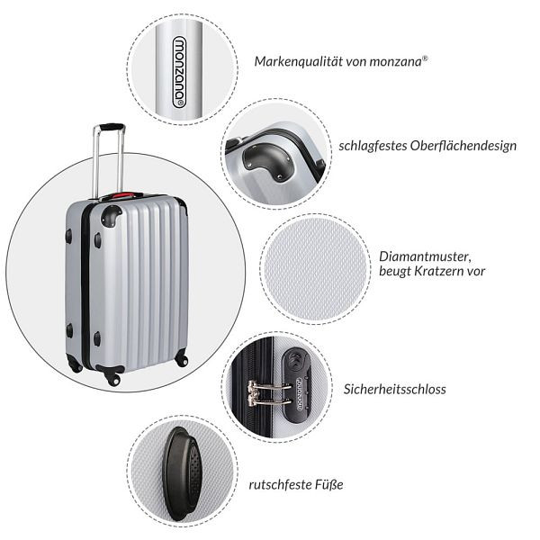monzana Hartschalenkoffer XL Rollen 360º Reisekoffer 90L Silber ABS, 103081