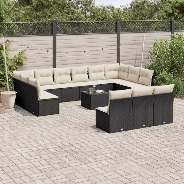 vidaXL 14-teilig Garten-Sofagarnitur mit Kissen Schwarz Poly Rattan, 3218396