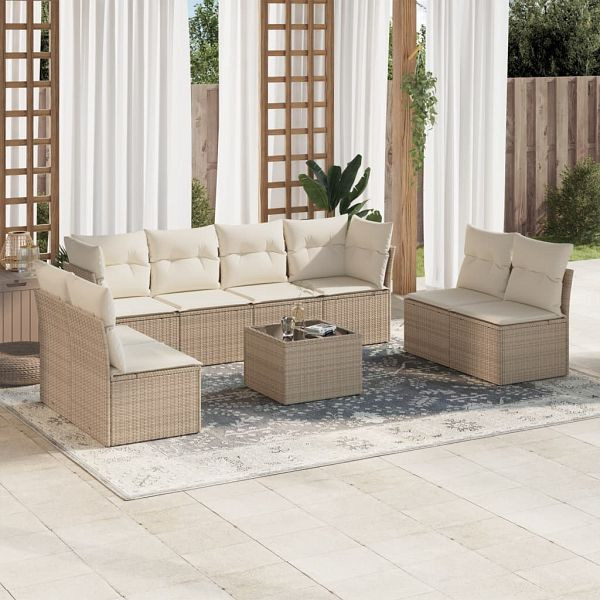 vidaXL 9-tlg. Garten-Sofagarnitur mit Kissen Beige Poly Rattan, 3217458