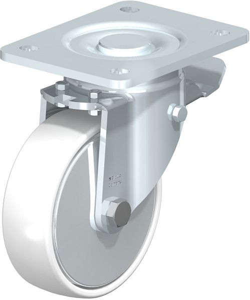 Blickle LH-PO 125G-3-ST-FA Stahlblech-Lenkrolle, Schwerlast-Ausführung, mit Anschraubplatte & Feststeller, Polyamid, Weiß, 70896