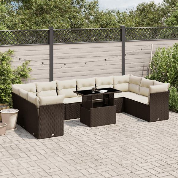 vidaXL 11-teilig Garten-Sofagarnitur mit Kissen Braun Poly Rattan, 3266863
